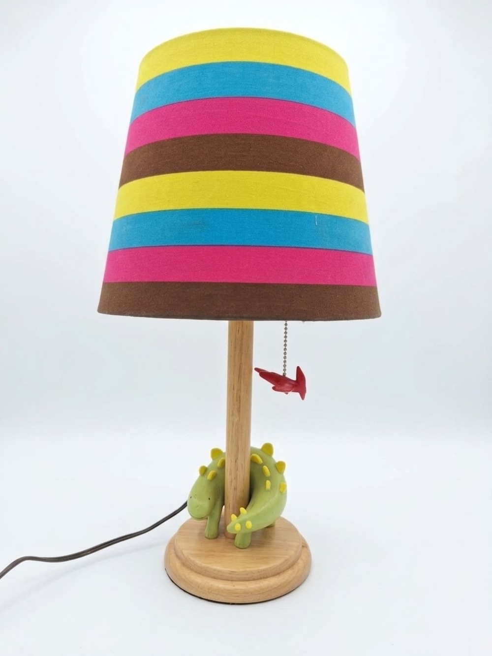 Vintage Dinosaur Kids Table Lamp Striped Fabric Shade Novelty Nursery Room Light